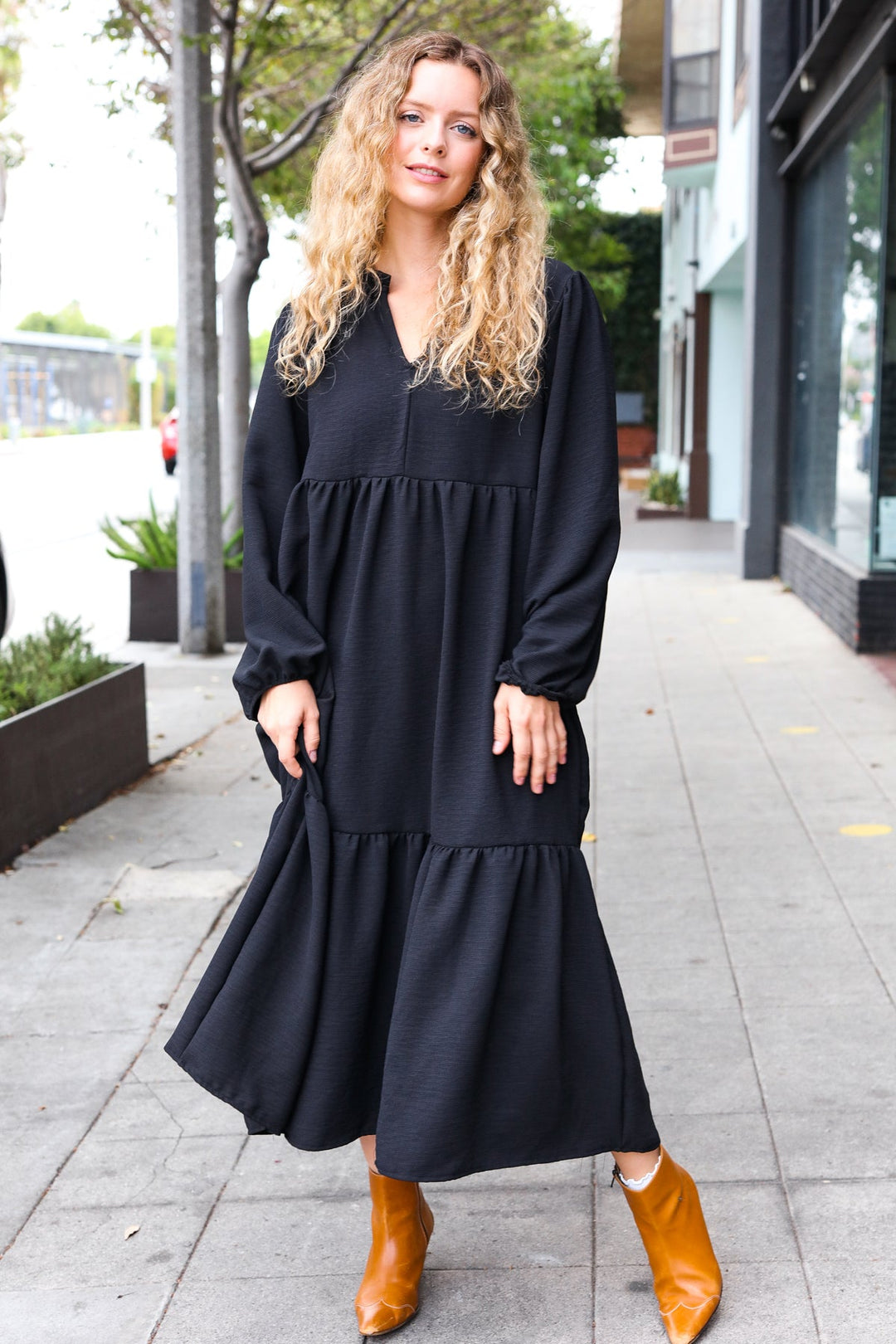 Lock Eyes Black Notched Neck Frill Hem Tiered Maxi Dress-Inspired by Justeen-Women's Clothing Boutique