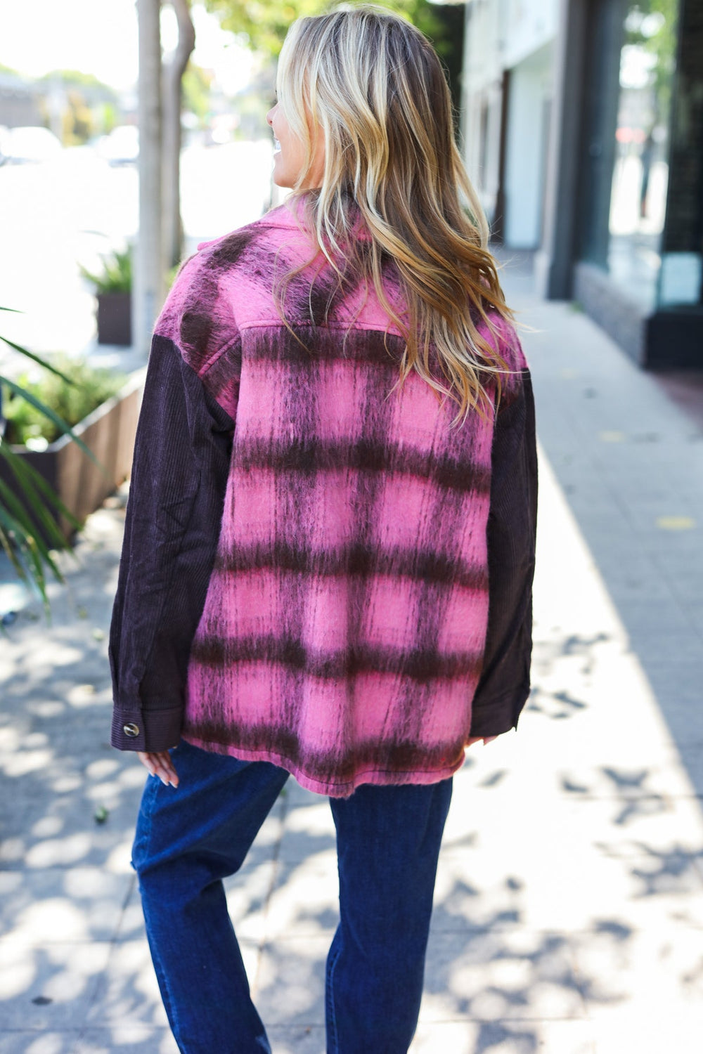 Spread Joy Pink & Brown Plaid Corduroy Button Down Fuzzy Jacket-Inspired by Justeen-Women's Clothing Boutique