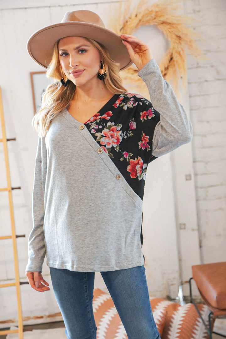Grey & Black Floral Surplice Button Knit Top-Inspired by Justeen-Women's Clothing Boutique in Chicago, Illinois