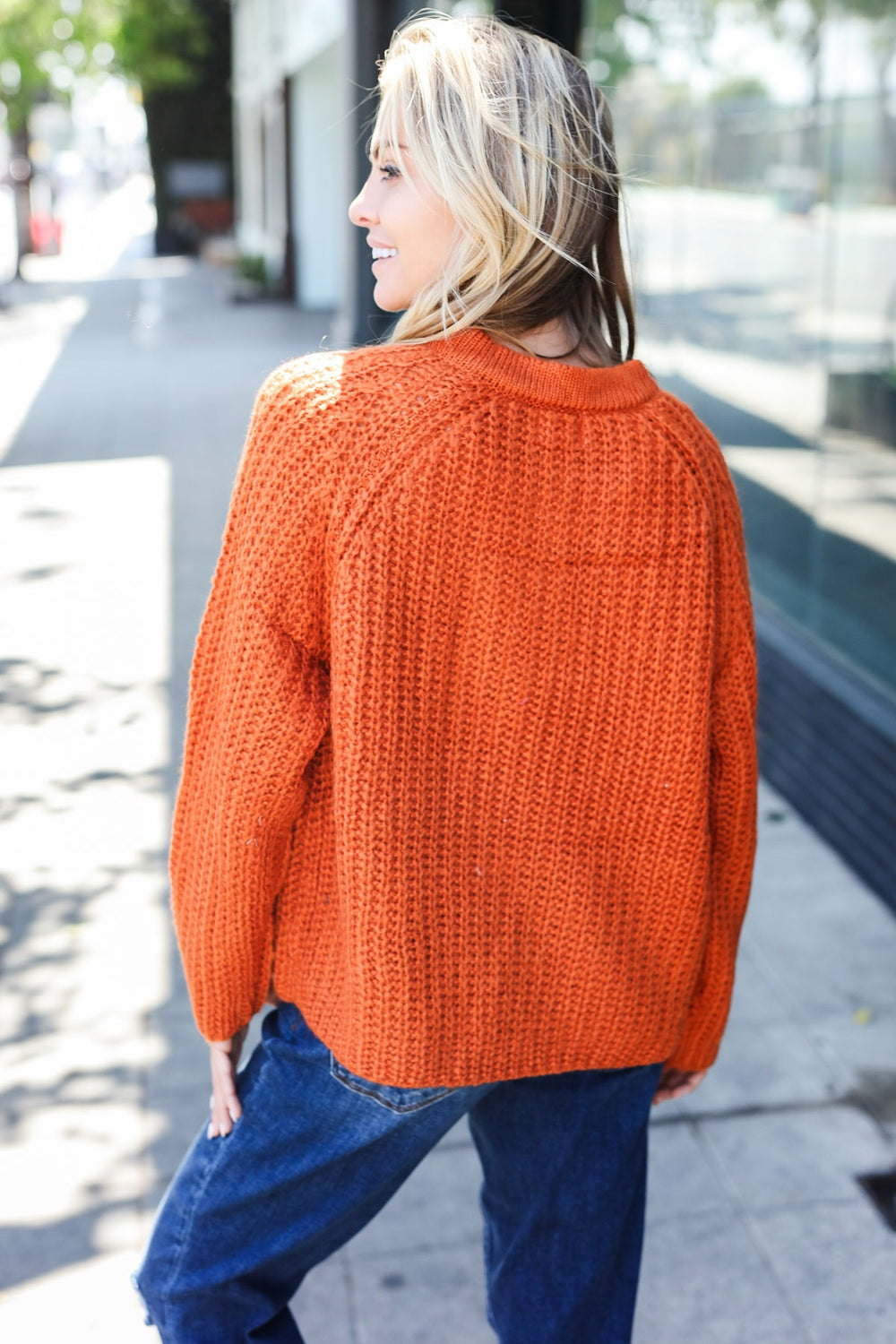 Casual Days Rust Loose Knit Henley Button Sweater-Inspired by Justeen-Women's Clothing Boutique