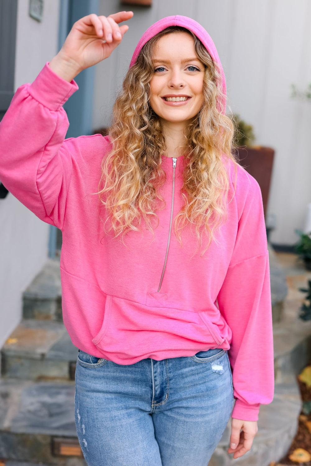 Ready to Relax Hot Pink Half Zip French Terry Hoodie-Inspired by Justeen-Women's Clothing Boutique in Chicago, Illinois