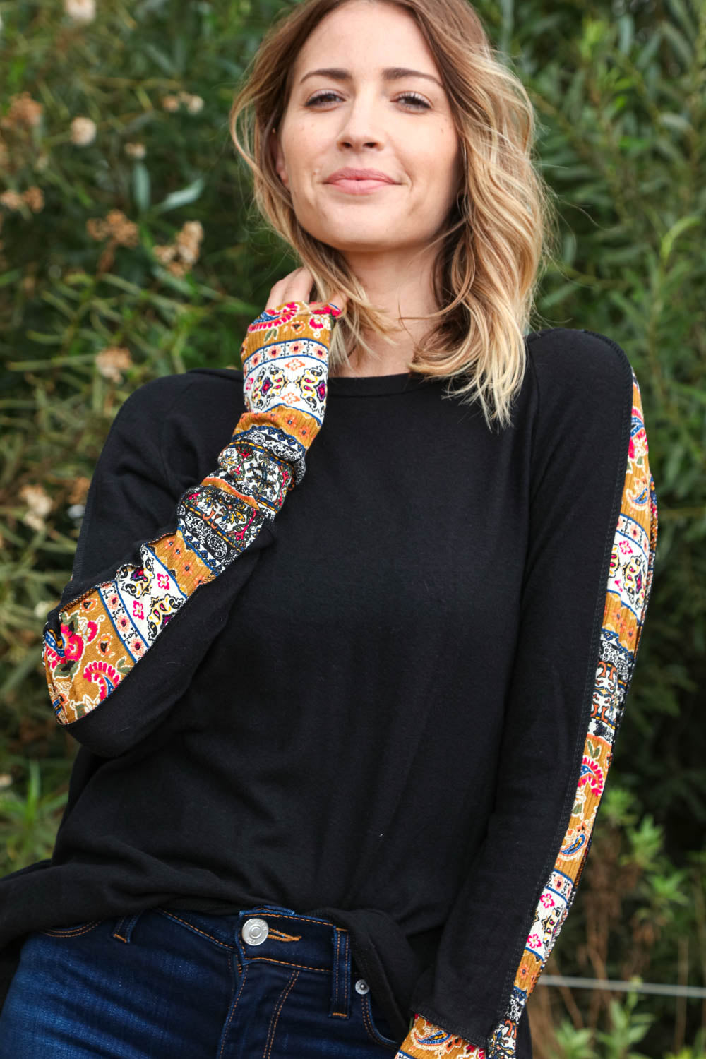 Ethnic Paisley Print Raglan Knit Top with Thumb Holes-Inspired by Justeen-Women's Clothing Boutique in Chicago, Illinois