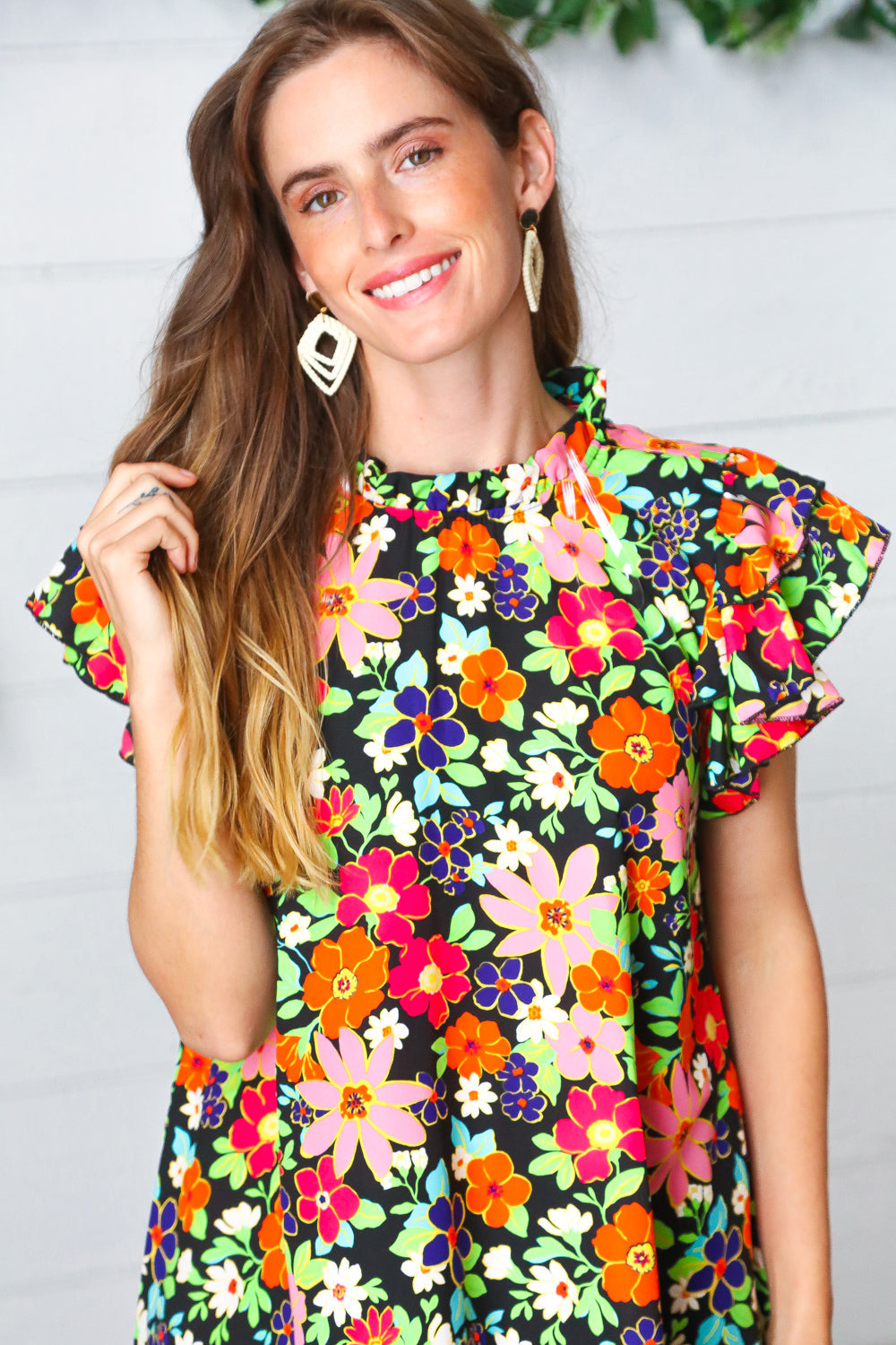 Vibrant Multicolor Floral Mock Neck Flutter Sleeve Top-Inspired by Justeen-Women's Clothing Boutique in Chicago, Illinois