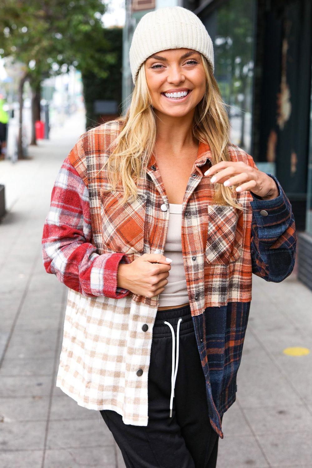 Catch Glances Muticolor Plaid Color Block Snap Button Shacket-Inspired by Justeen-Women's Clothing Boutique