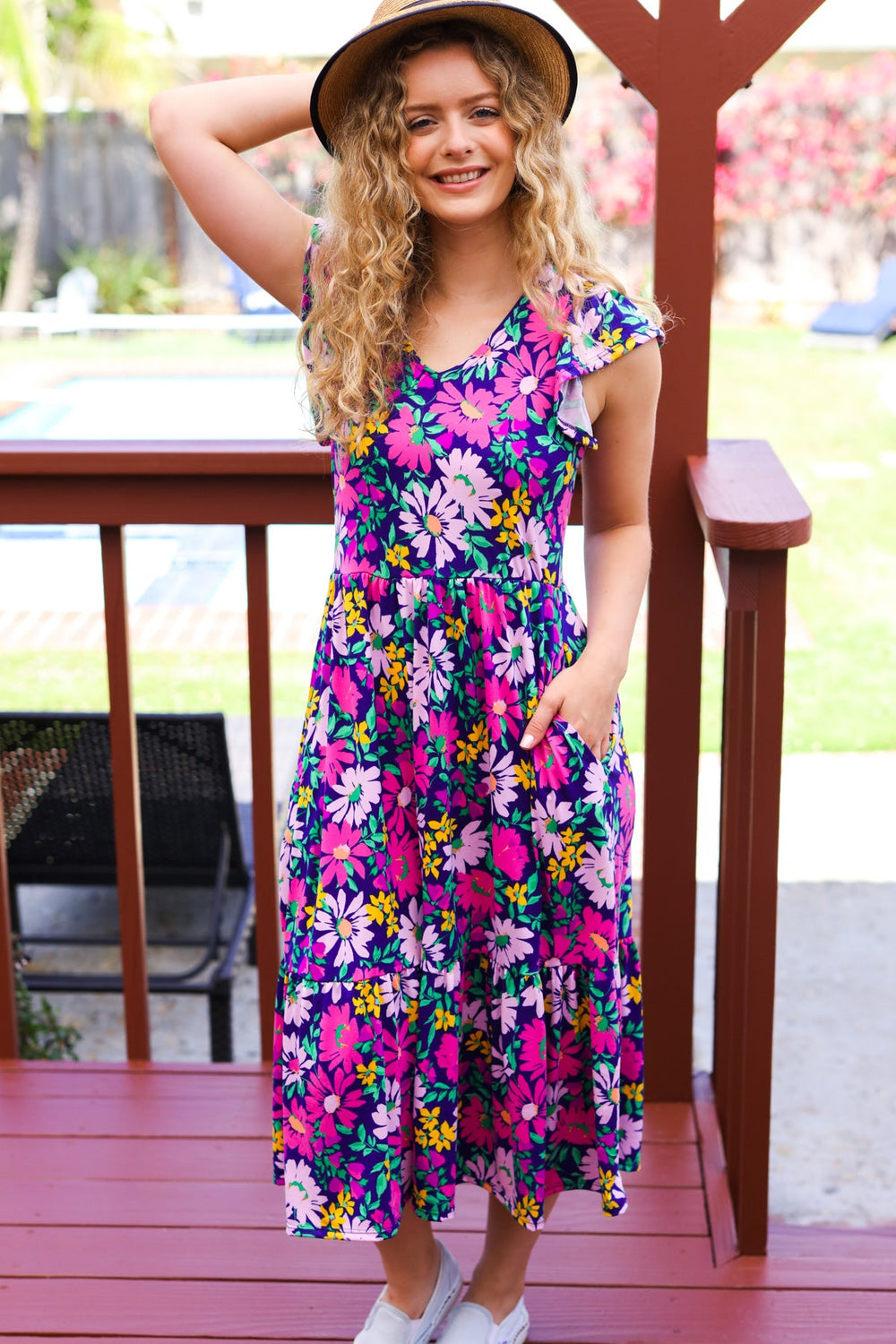 Diva Dreams Navy & Lilac Floral Fit & Flare Midi Dress-Inspired by Justeen-Women's Clothing Boutique