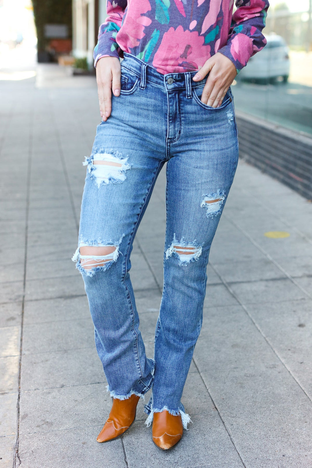 Judy Blue Medium Wash Mid Rise Distressed Straight Leg Jeans-Inspired by Justeen-Women's Clothing Boutique