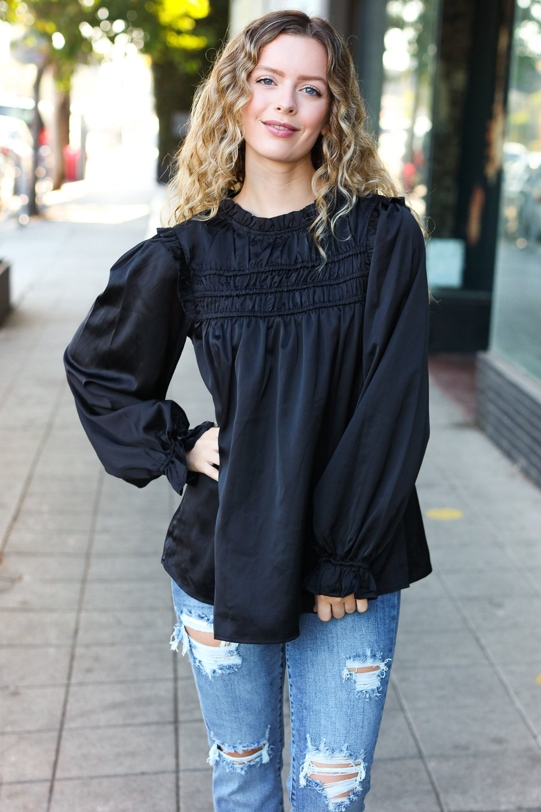 Be Your Best Black Satin Shirred Yoke Frilled Mock Neck Top-110 Long Sleeve Tops-Inspired by Justeen-Women's Clothing Boutique