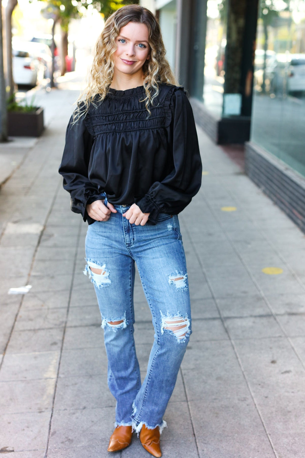 Be Your Best Black Satin Shirred Yoke Frilled Mock Neck Top-110 Long Sleeve Tops-Inspired by Justeen-Women's Clothing Boutique