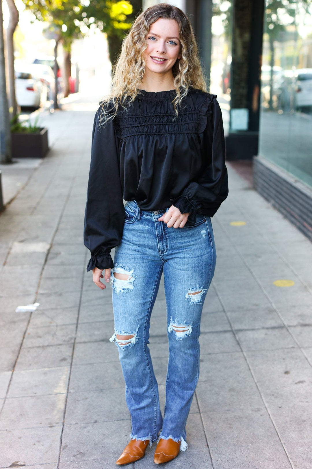 Be Your Best Black Satin Shirred Yoke Frilled Mock Neck Top-110 Long Sleeve Tops-Inspired by Justeen-Women's Clothing Boutique