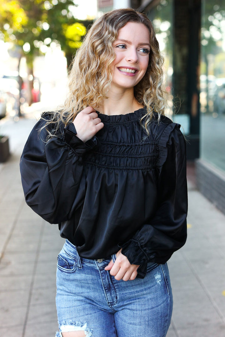 Be Your Best Black Satin Shirred Yoke Frilled Mock Neck Top-110 Long Sleeve Tops-Inspired by Justeen-Women's Clothing Boutique