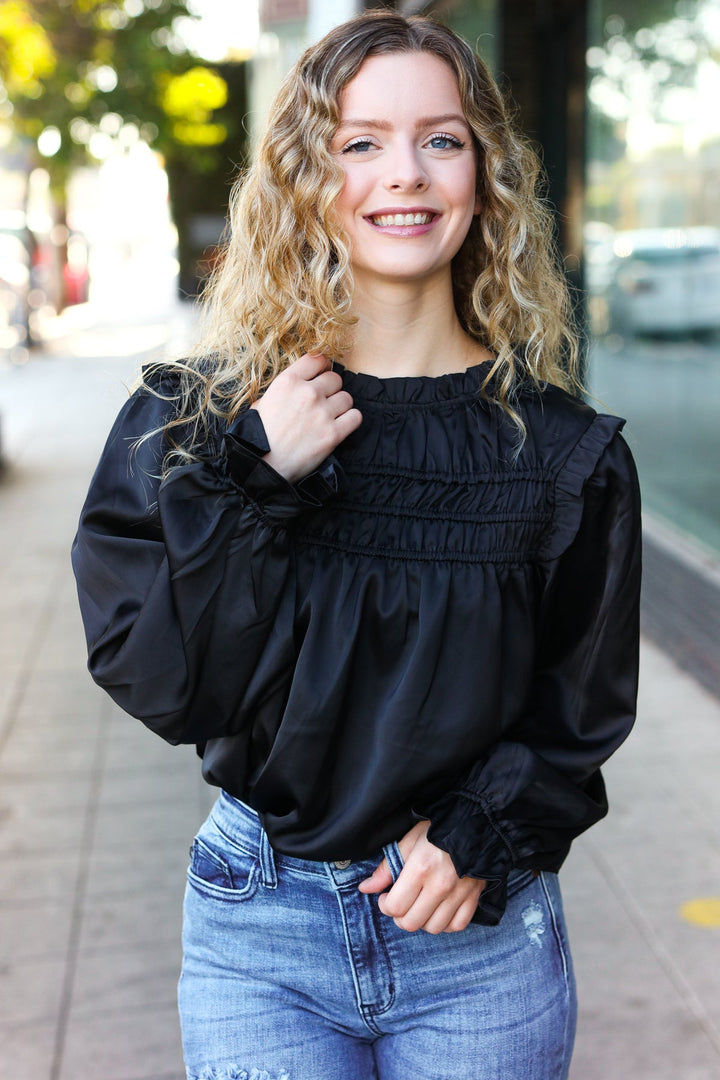 Be Your Best Black Satin Shirred Yoke Frilled Mock Neck Top-110 Long Sleeve Tops-Inspired by Justeen-Women's Clothing Boutique