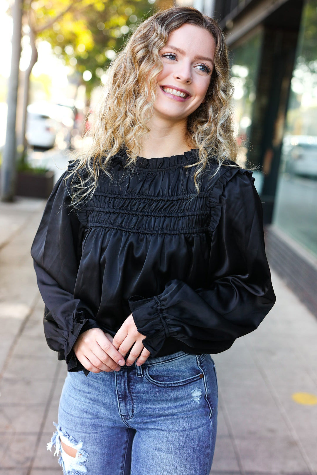 Be Your Best Black Satin Shirred Yoke Frilled Mock Neck Top-110 Long Sleeve Tops-Inspired by Justeen-Women's Clothing Boutique