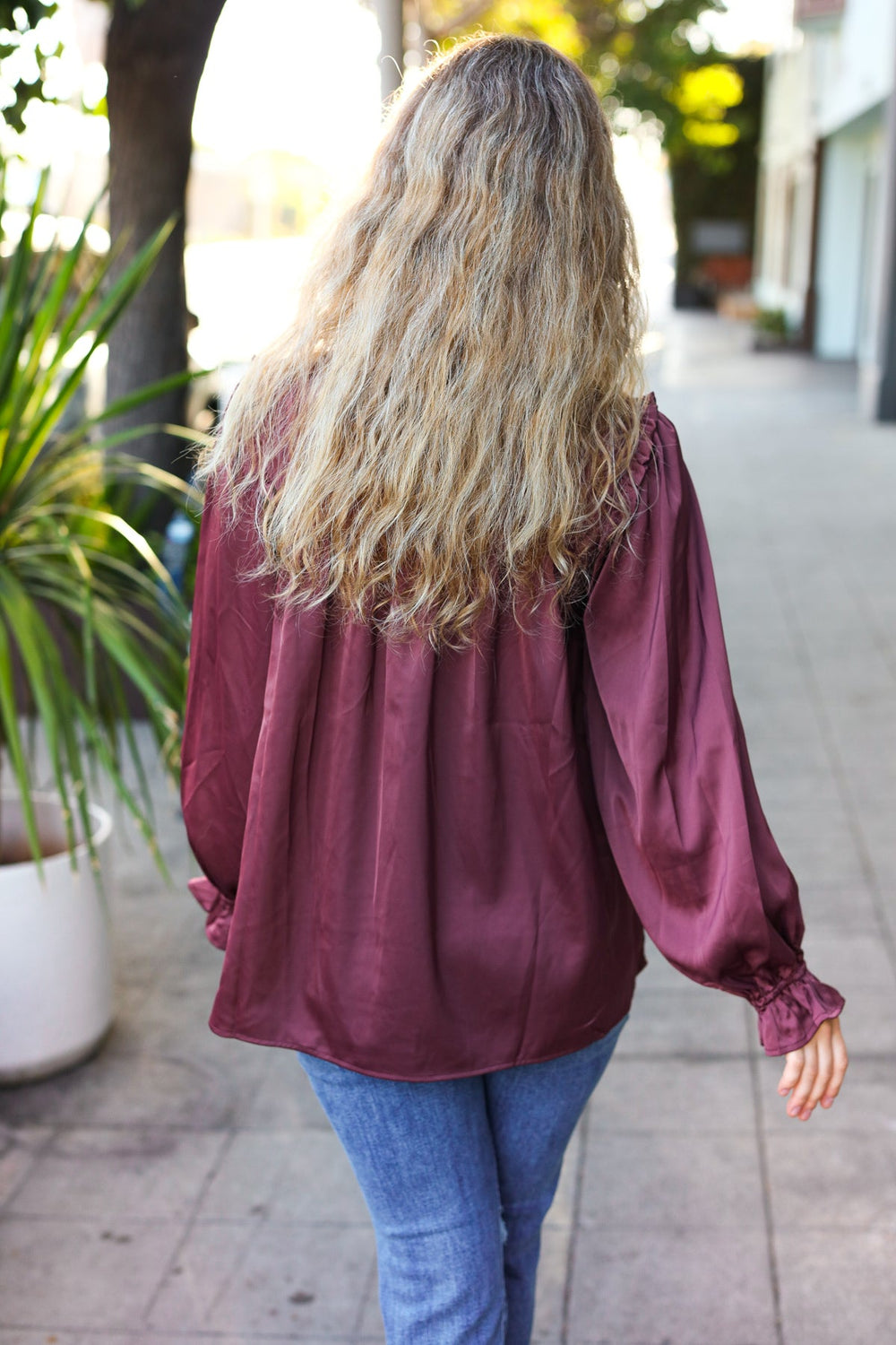 Be Your Best Wine Satin Shirred Yoke Frilled Mock Neck Top-110 Long Sleeve Tops-Inspired by Justeen-Women's Clothing Boutique