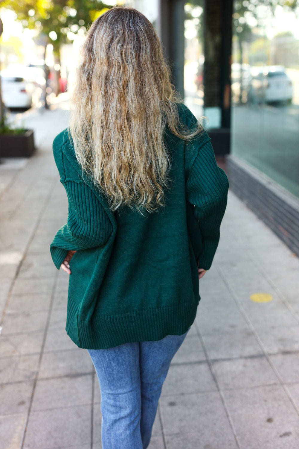 Casual Chic Hunter Green Oversized V Neck Rib Knit Sweater-Inspired by Justeen-Women's Clothing Boutique