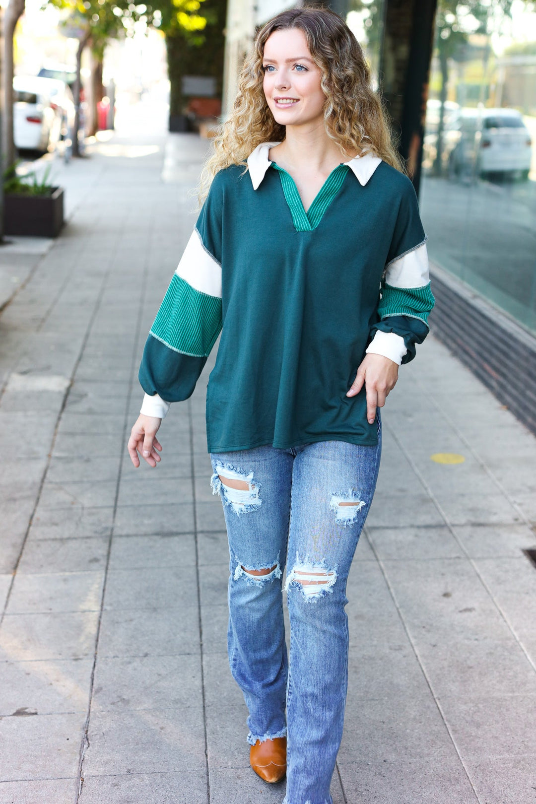 Falling For You Hunter Green Color Block Collared French Terry Top-Inspired by Justeen-Women's Clothing Boutique