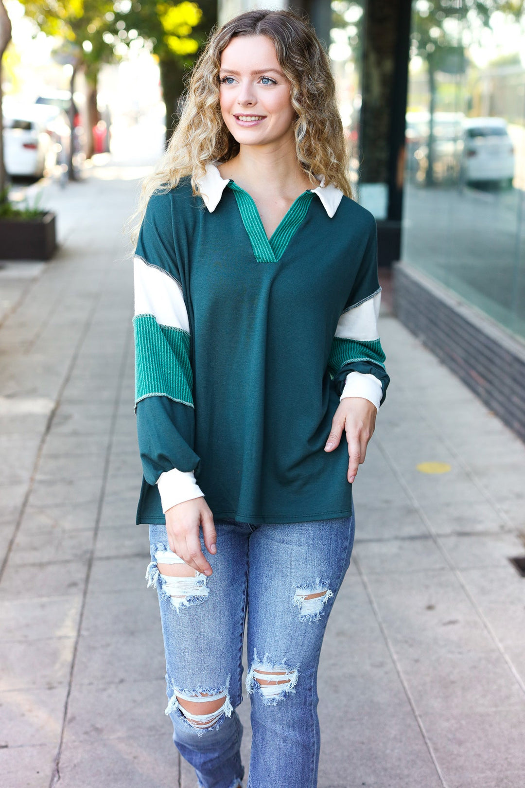 Falling For You Hunter Green Color Block Collared French Terry Top-Inspired by Justeen-Women's Clothing Boutique