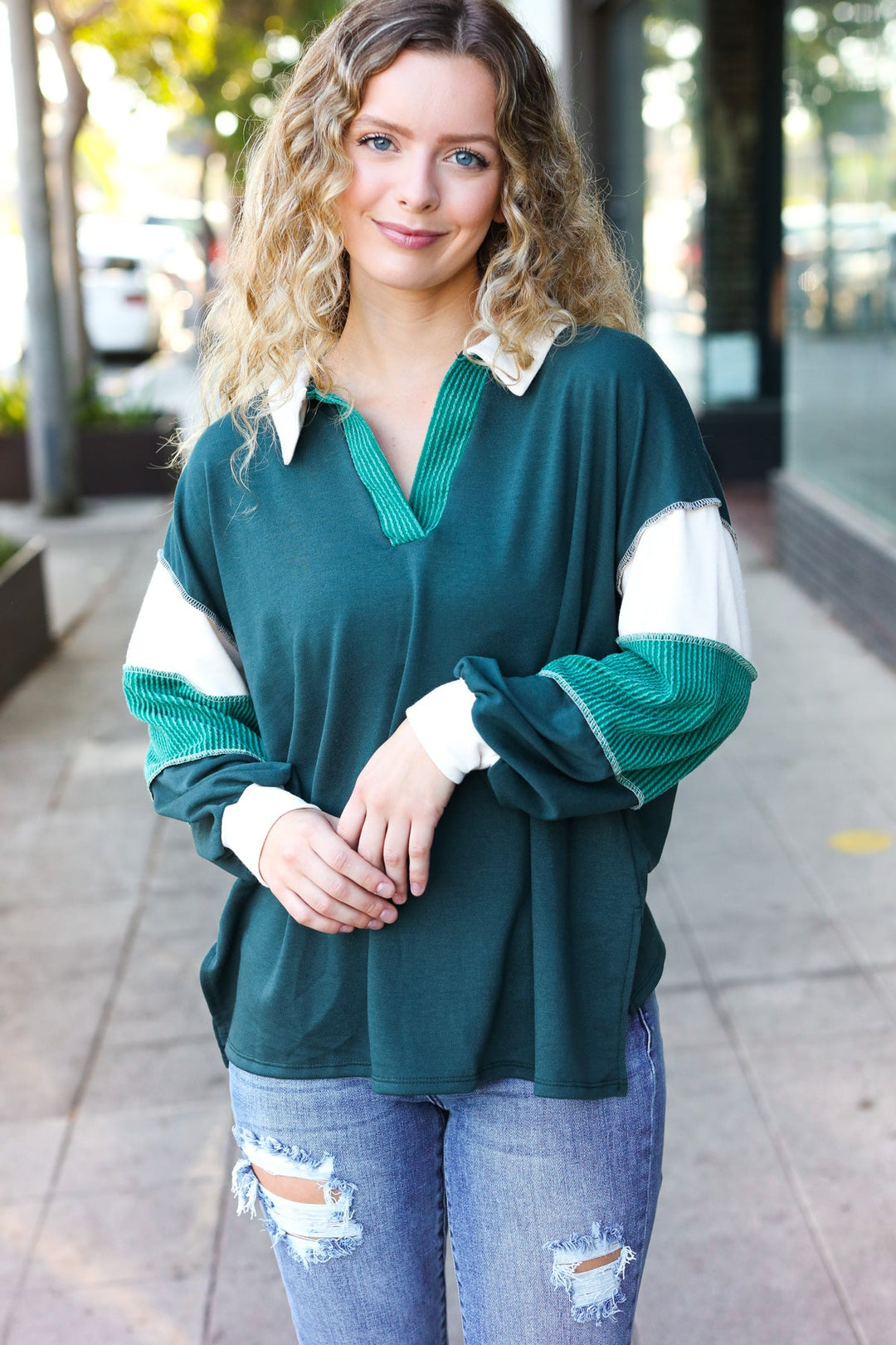 Falling For You Hunter Green Color Block Collared French Terry Top-Inspired by Justeen-Women's Clothing Boutique