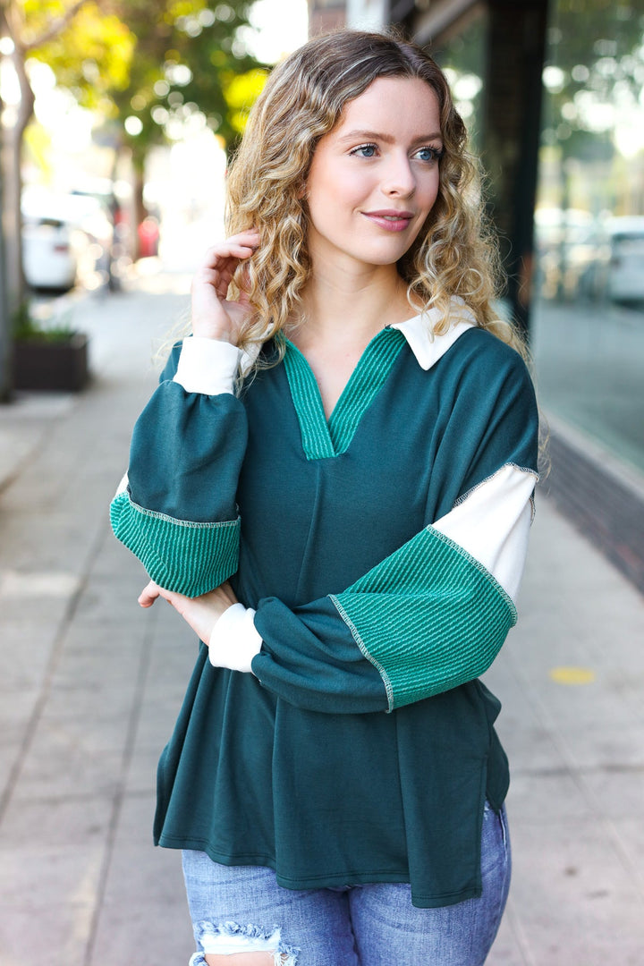 Falling For You Hunter Green Color Block Collared French Terry Top-Inspired by Justeen-Women's Clothing Boutique