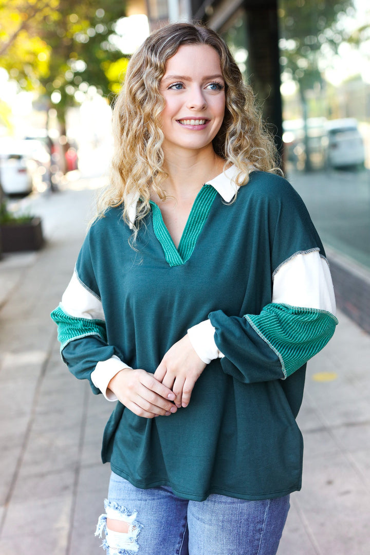 Falling For You Hunter Green Color Block Collared French Terry Top-Inspired by Justeen-Women's Clothing Boutique