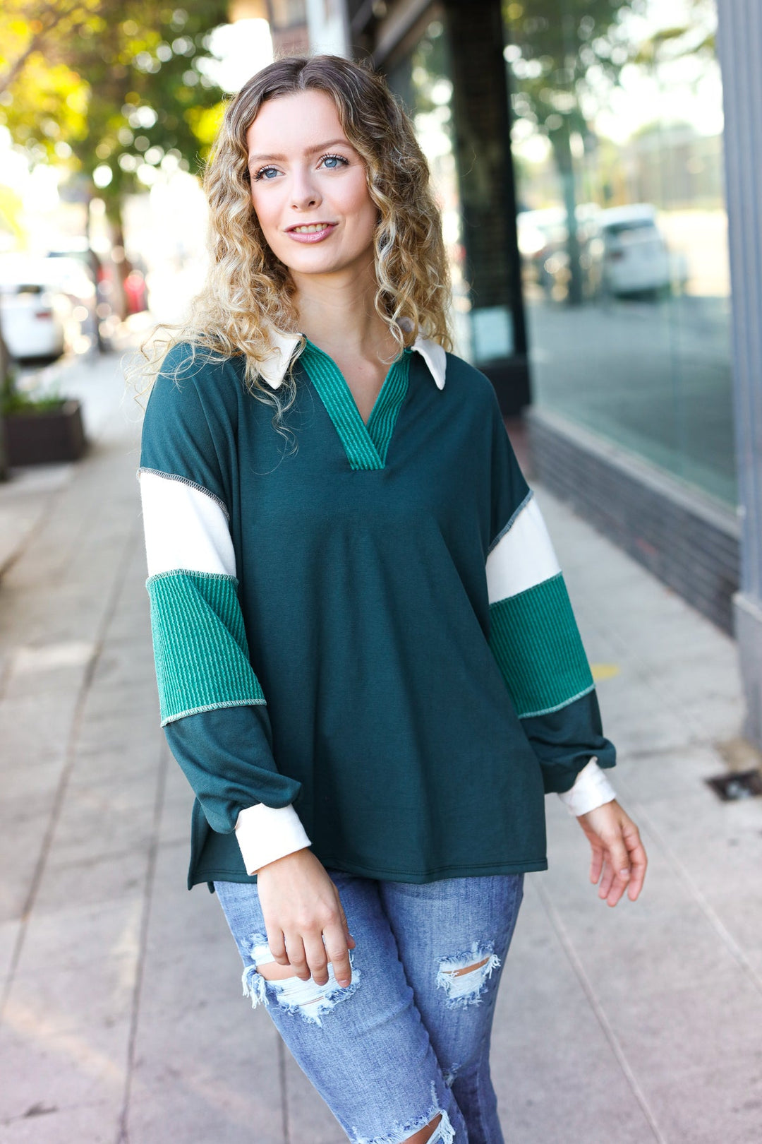 Falling For You Hunter Green Color Block Collared French Terry Top-Inspired by Justeen-Women's Clothing Boutique