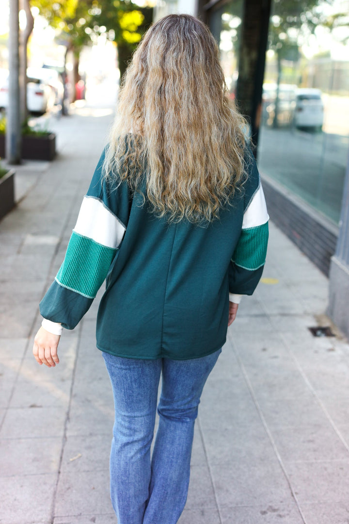 Falling For You Hunter Green Color Block Collared French Terry Top-Inspired by Justeen-Women's Clothing Boutique