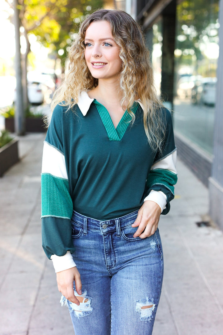 Falling For You Hunter Green Color Block Collared French Terry Top-Inspired by Justeen-Women's Clothing Boutique