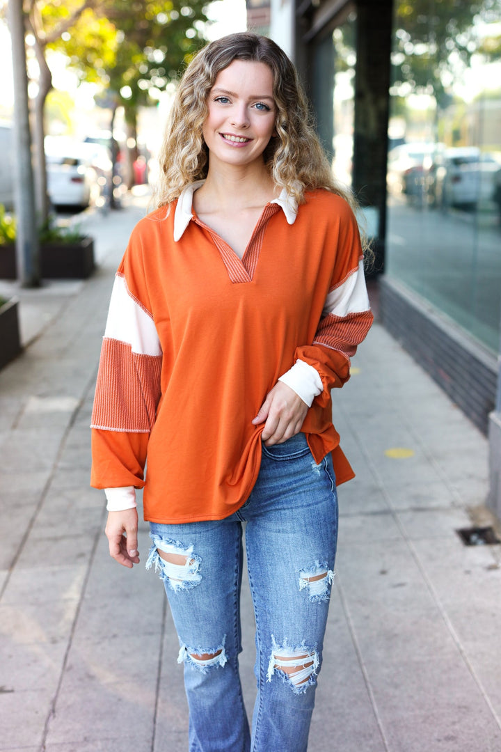 Falling For You Rust Color Block Collared French Terry Top-Inspired by Justeen-Women's Clothing Boutique