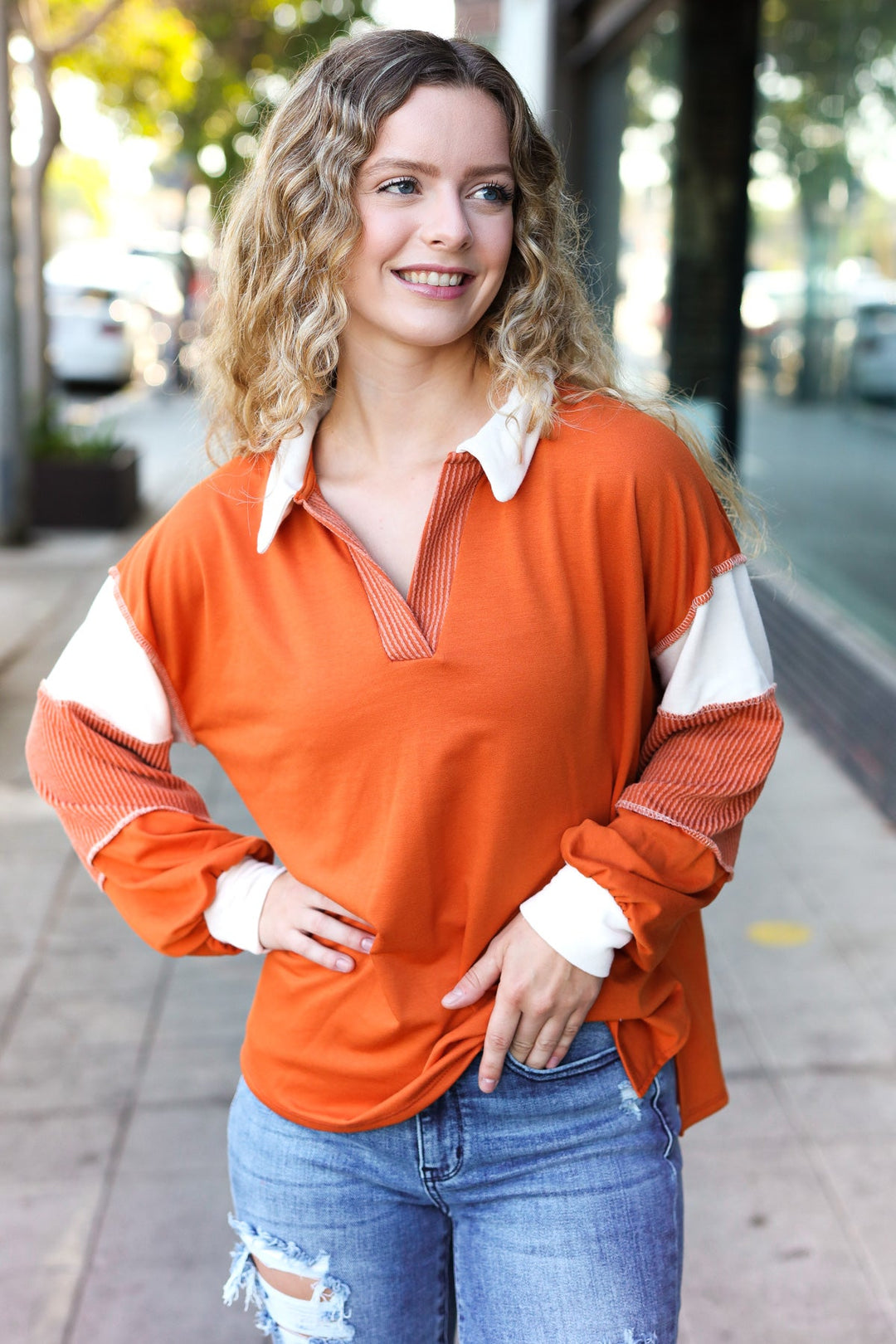 Falling For You Rust Color Block Collared French Terry Top-Inspired by Justeen-Women's Clothing Boutique