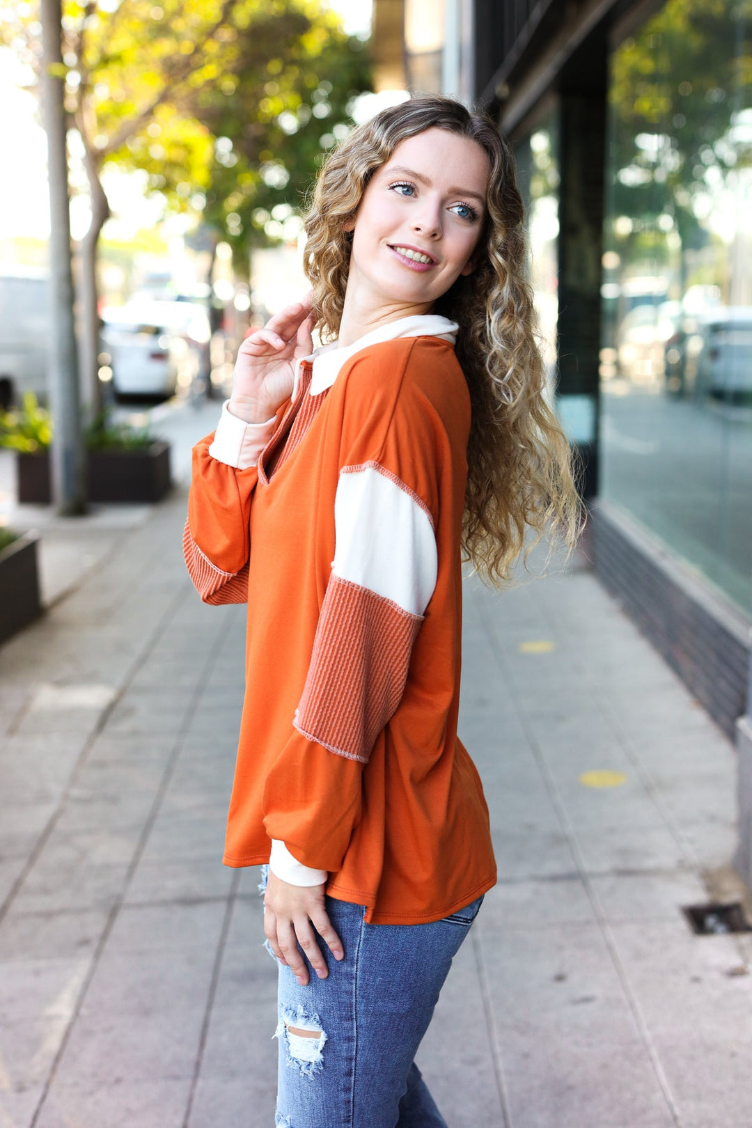 Falling For You Rust Color Block Collared French Terry Top-Inspired by Justeen-Women's Clothing Boutique