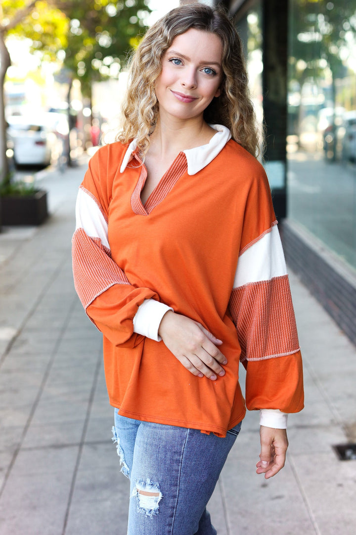 Falling For You Rust Color Block Collared French Terry Top-Inspired by Justeen-Women's Clothing Boutique