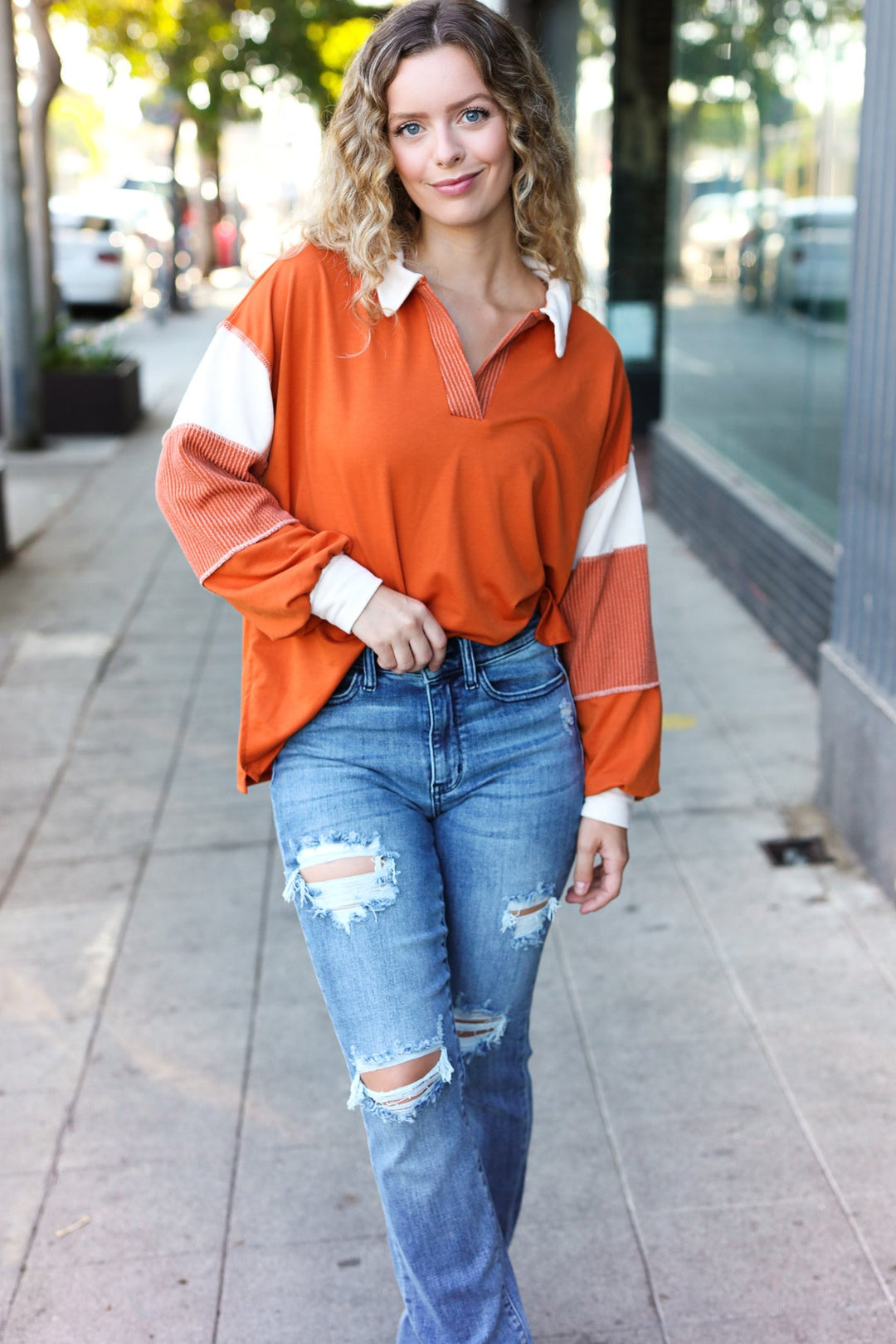 Falling For You Rust Color Block Collared French Terry Top-Inspired by Justeen-Women's Clothing Boutique