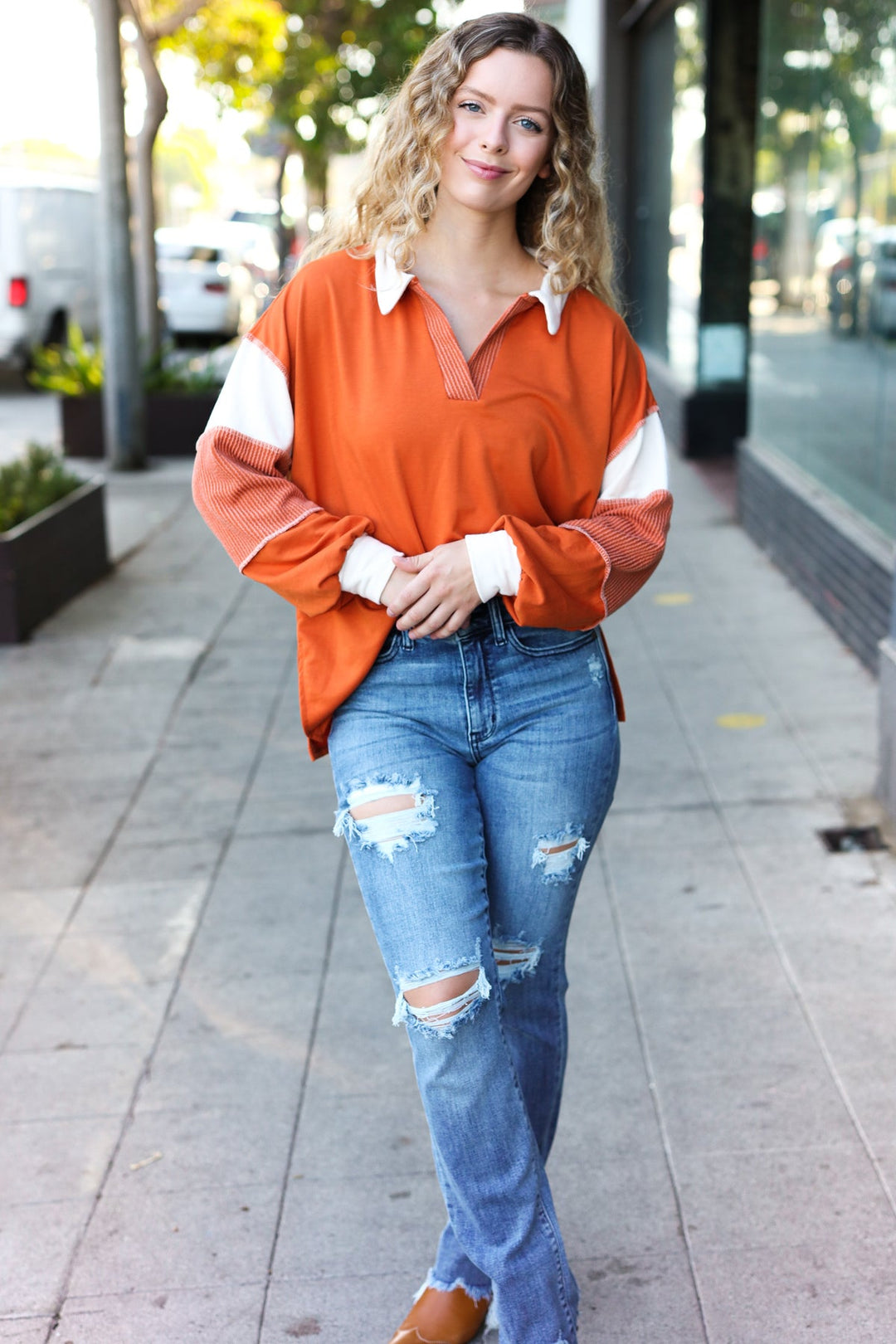 Falling For You Rust Color Block Collared French Terry Top-Inspired by Justeen-Women's Clothing Boutique