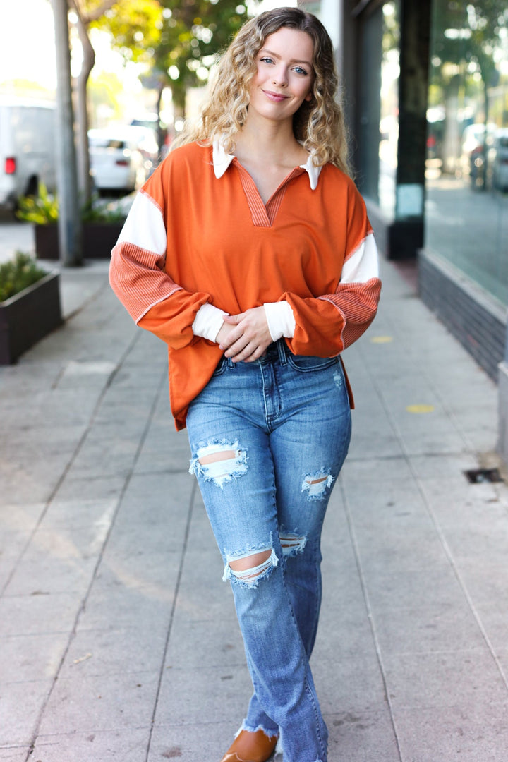 Falling For You Rust Color Block Collared French Terry Top-Inspired by Justeen-Women's Clothing Boutique