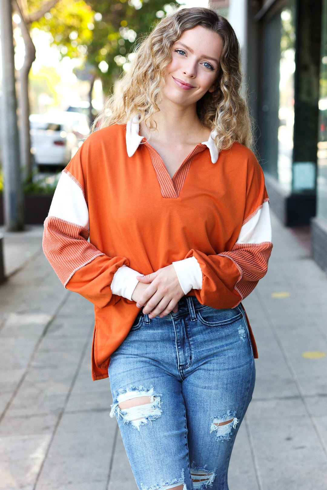 Falling For You Rust Color Block Collared French Terry Top-Inspired by Justeen-Women's Clothing Boutique