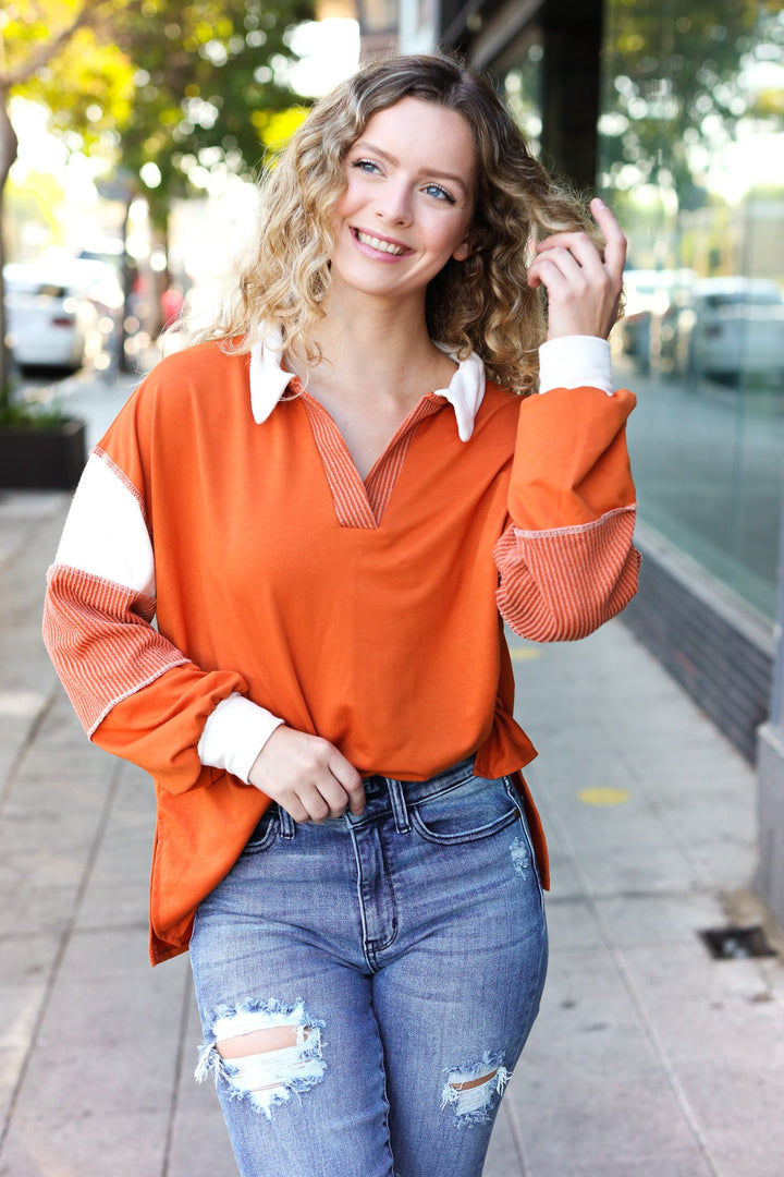 Falling For You Rust Color Block Collared French Terry Top-Inspired by Justeen-Women's Clothing Boutique