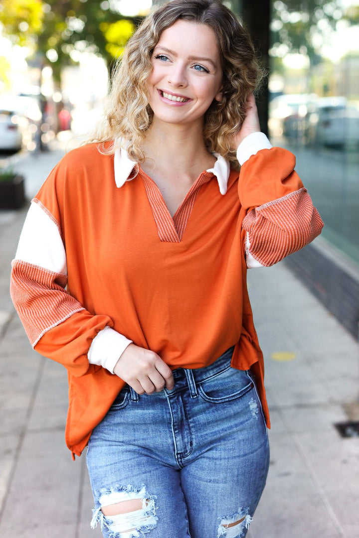 Falling For You Rust Color Block Collared French Terry Top-Inspired by Justeen-Women's Clothing Boutique