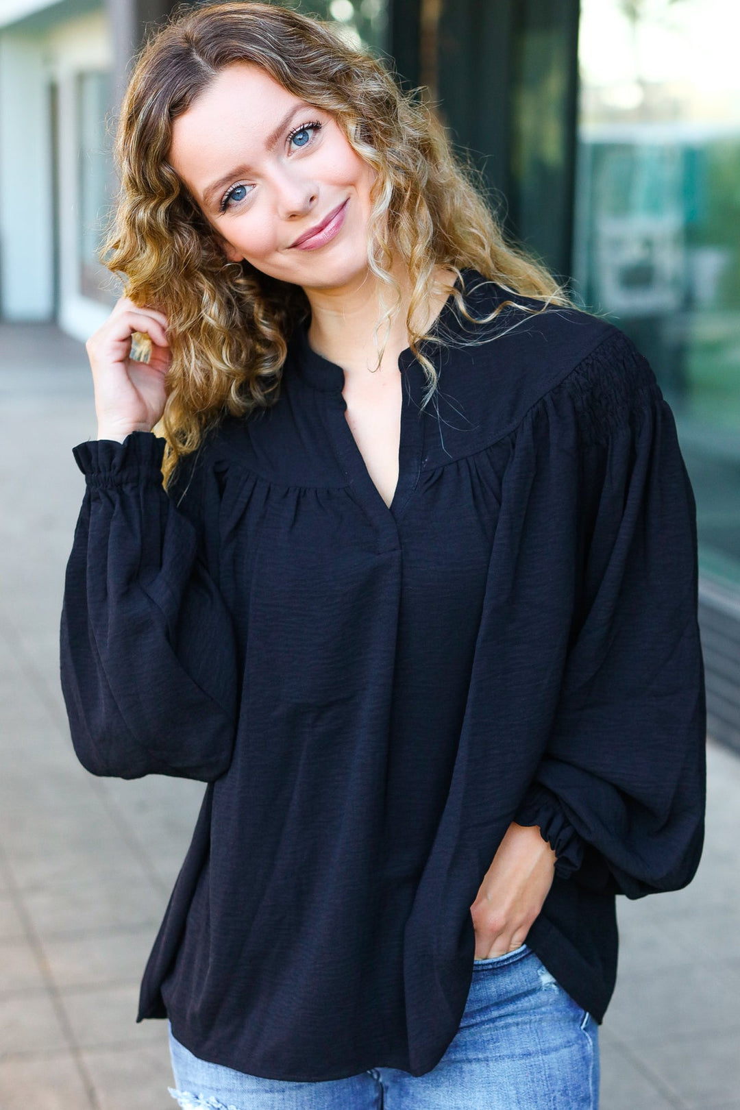 Boho Vibes Black Notched Neck Smocked Bubble Sleeve Top-Inspired by Justeen-Women's Clothing Boutique