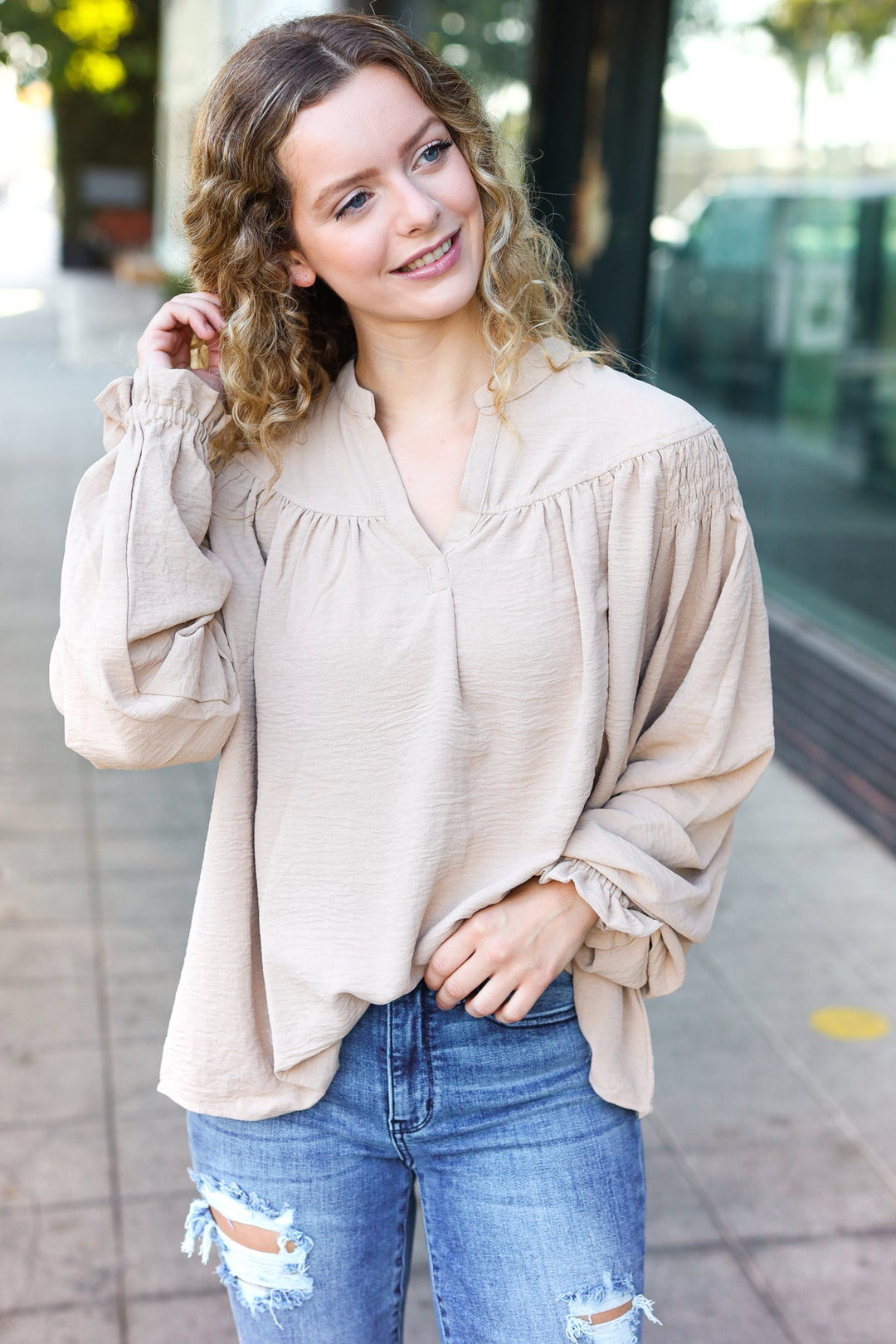 Boho Vibes Taupe Notched Neck Smocked Bubble Sleeve Top-Inspired by Justeen-Women's Clothing Boutique