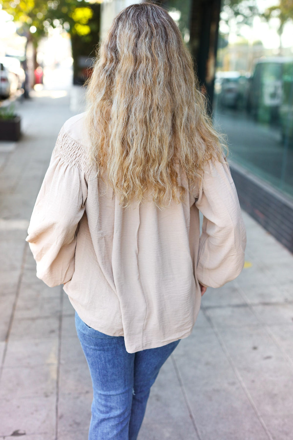 Boho Vibes Taupe Notched Neck Smocked Bubble Sleeve Top-Inspired by Justeen-Women's Clothing Boutique