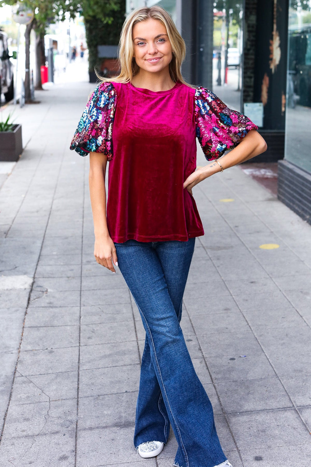 Diva Dreams Wine Floral Sequin Puff Sleeve Velvet Top-100 Short Sleeve Tops-Inspired by Justeen-Women's Clothing Boutique