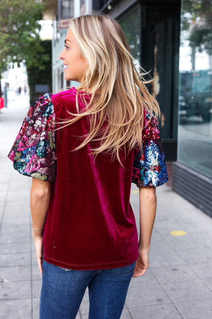 Diva Dreams Wine Floral Sequin Puff Sleeve Velvet Top-100 Short Sleeve Tops-Inspired by Justeen-Women's Clothing Boutique