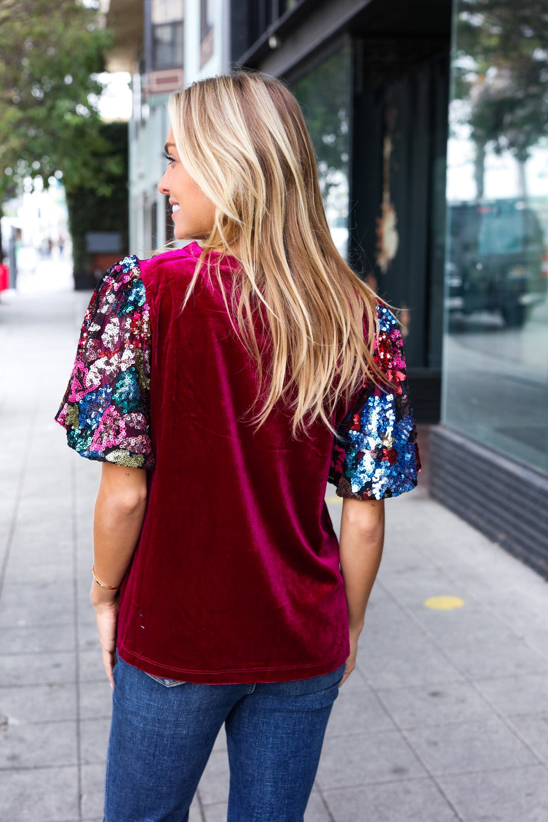 Diva Dreams Wine Floral Sequin Puff Sleeve Velvet Top-100 Short Sleeve Tops-Inspired by Justeen-Women's Clothing Boutique