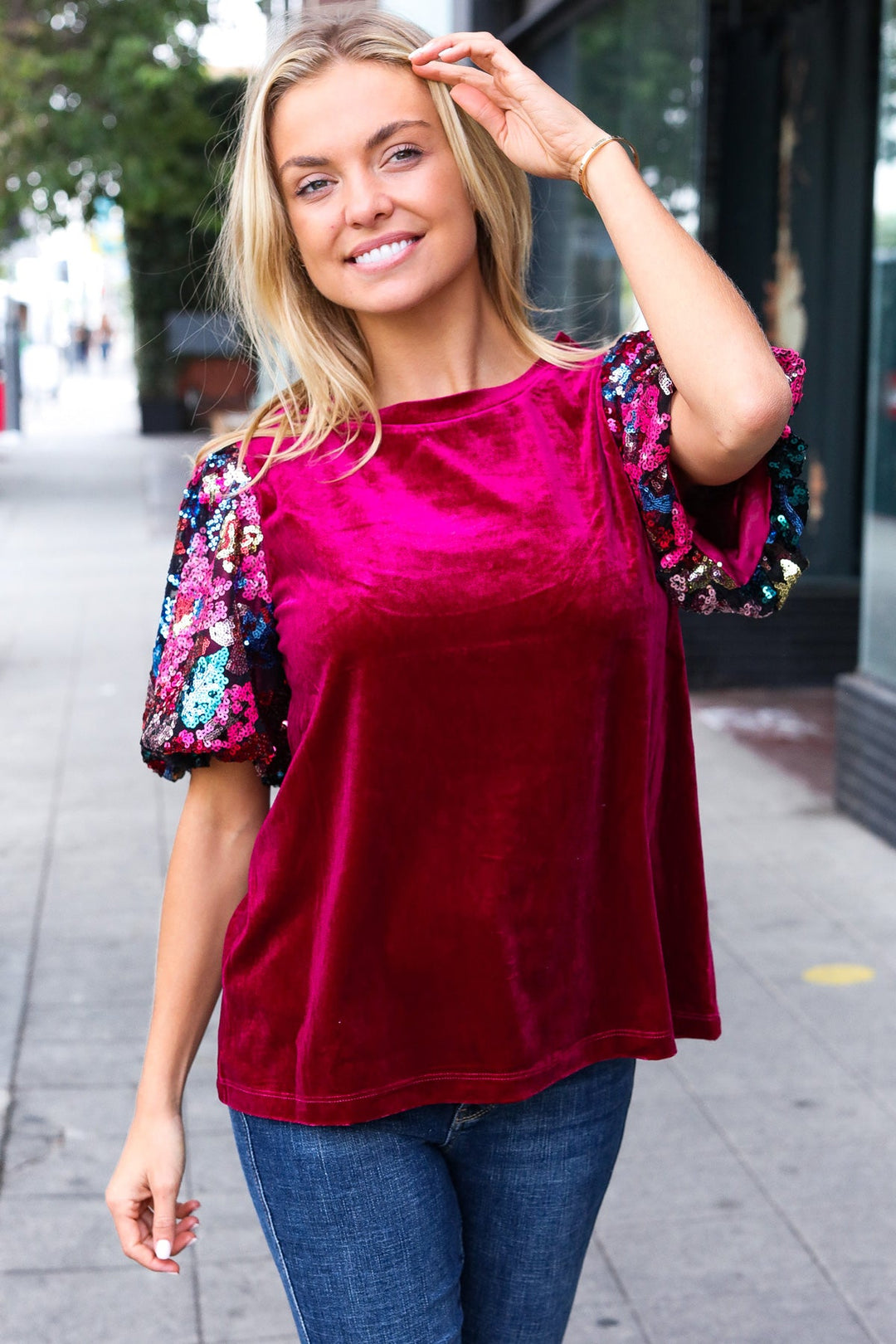 Diva Dreams Wine Floral Sequin Puff Sleeve Velvet Top-100 Short Sleeve Tops-Inspired by Justeen-Women's Clothing Boutique