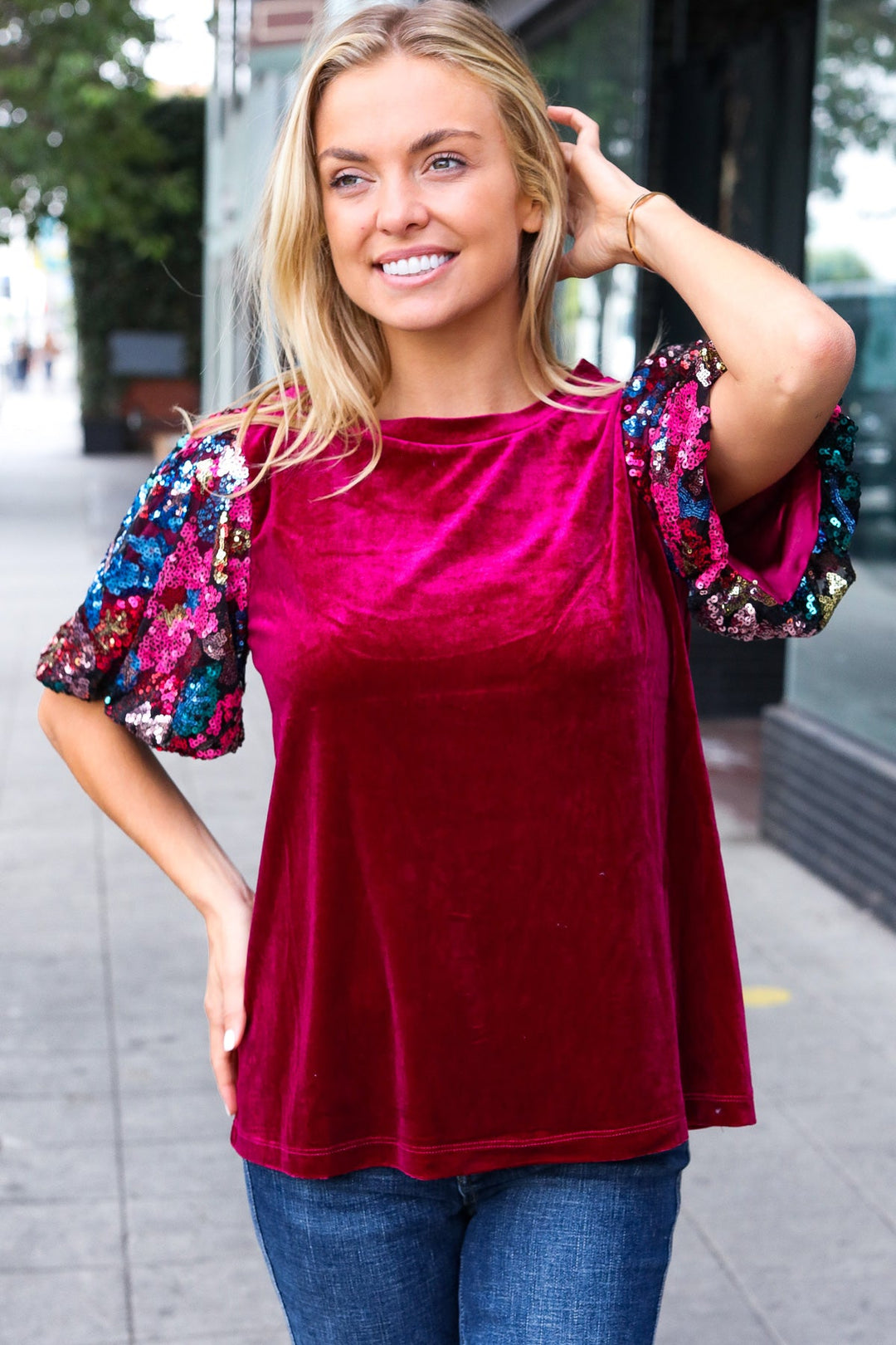 Diva Dreams Wine Floral Sequin Puff Sleeve Velvet Top-100 Short Sleeve Tops-Inspired by Justeen-Women's Clothing Boutique