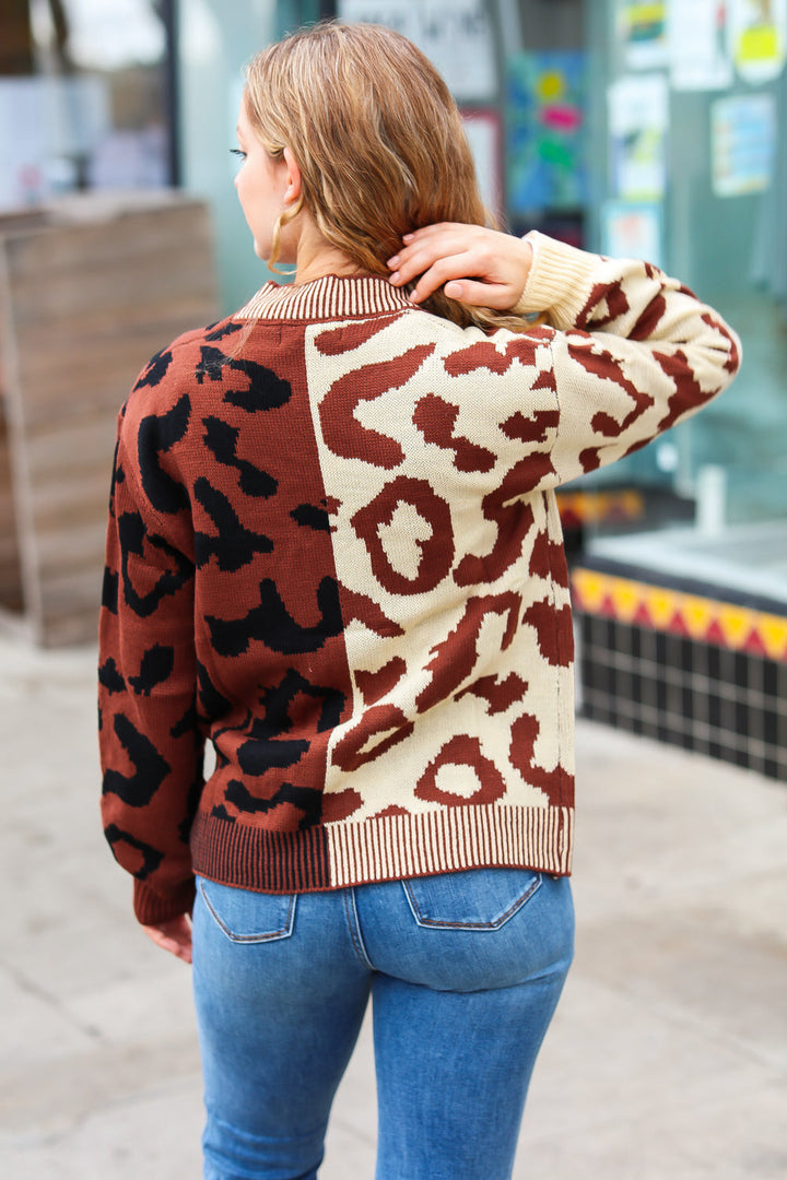 Taupe & Sepia Leopard Print Color Block Cardigan-Inspired by Justeen-Women's Clothing Boutique in Chicago, Illinois