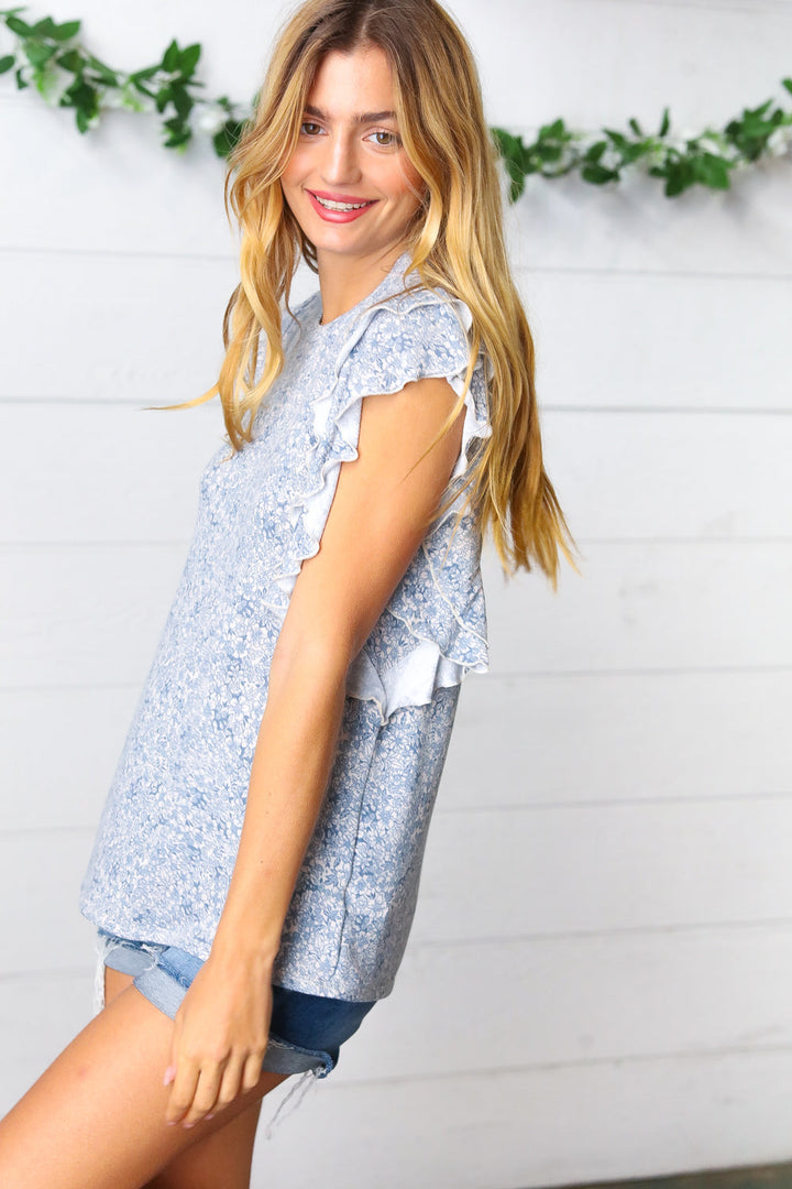 Washed Blue Floral Tiered Flutter Sleeve Top-Inspired by Justeen-Women's Clothing Boutique in Chicago, Illinois