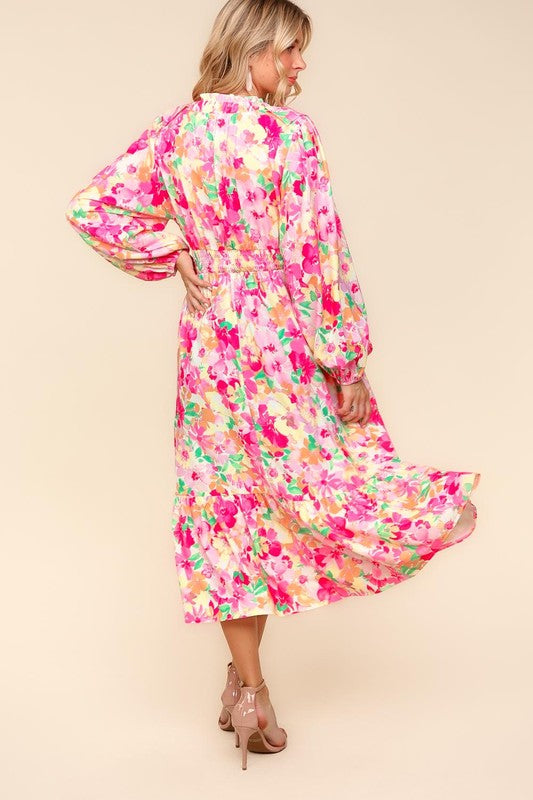 Haptics Full Size Floral Surplice Balloon Sleeve Dress with Side Pockets-Dresses-Inspired by Justeen-Women's Clothing Boutique