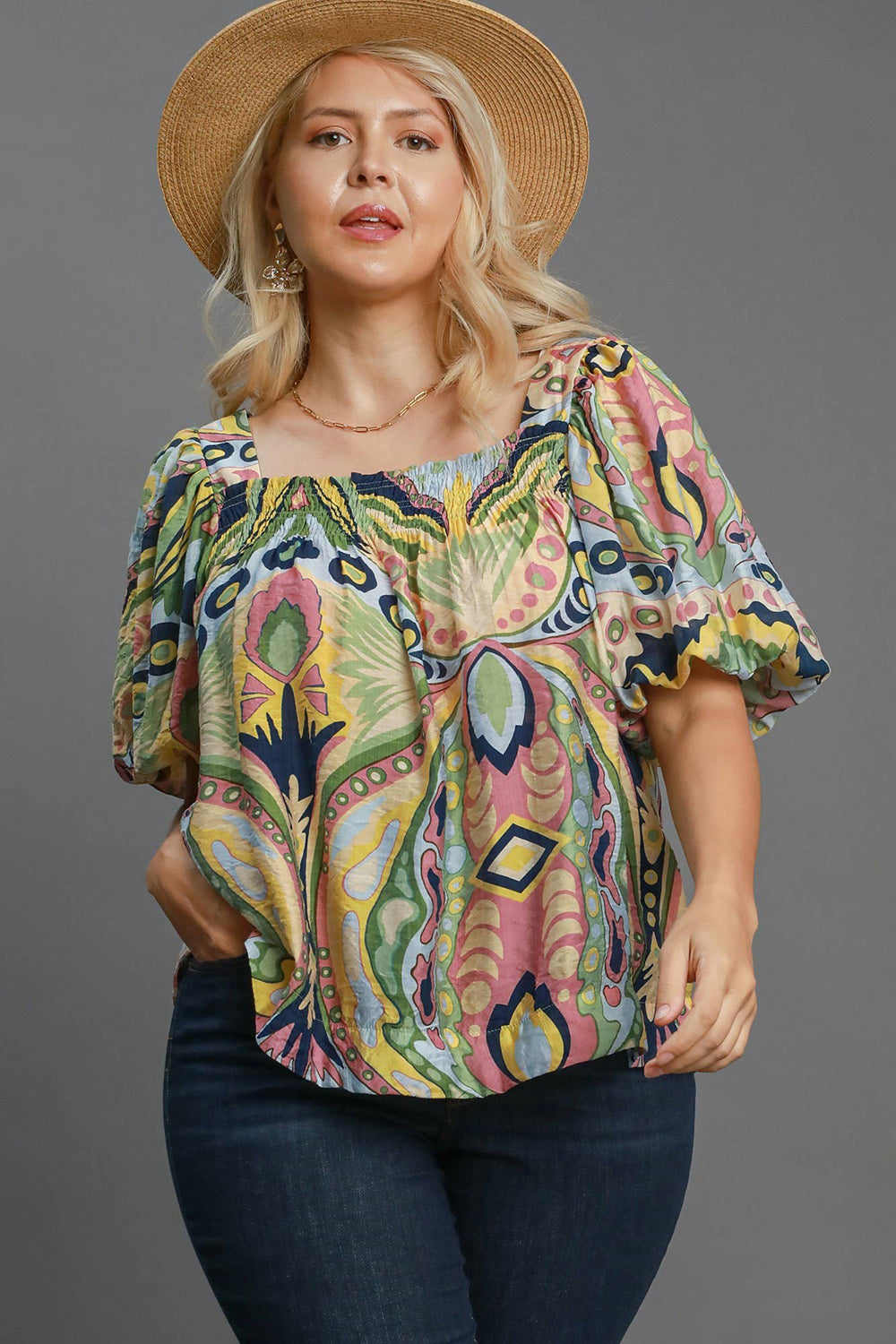 Umgee Full Size Abstract Print Smocked Square Neck Puff Sleeve Blouse-100 Short Sleeve Tops-Inspired by Justeen-Women's Clothing Boutique