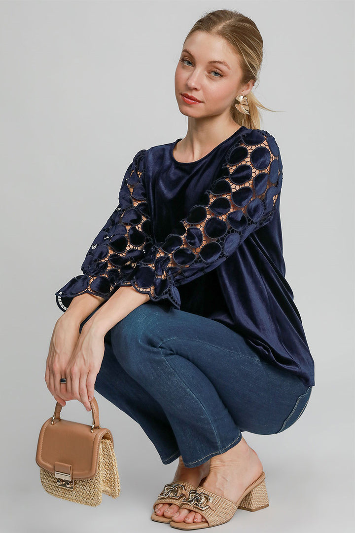 Umgee Polka Dot Lace Long Sleeve Round Neck Blouse-110 Long Sleeve Tops-Inspired by Justeen-Women's Clothing Boutique