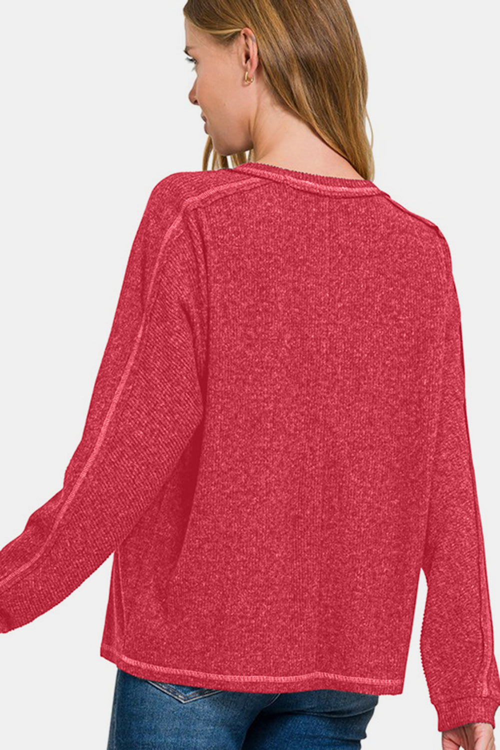 Zenana Full Size Contrast Stitching Brushed Ribbed Hacci Knit Top-110 Long Sleeve Tops-Inspired by Justeen-Women's Clothing Boutique